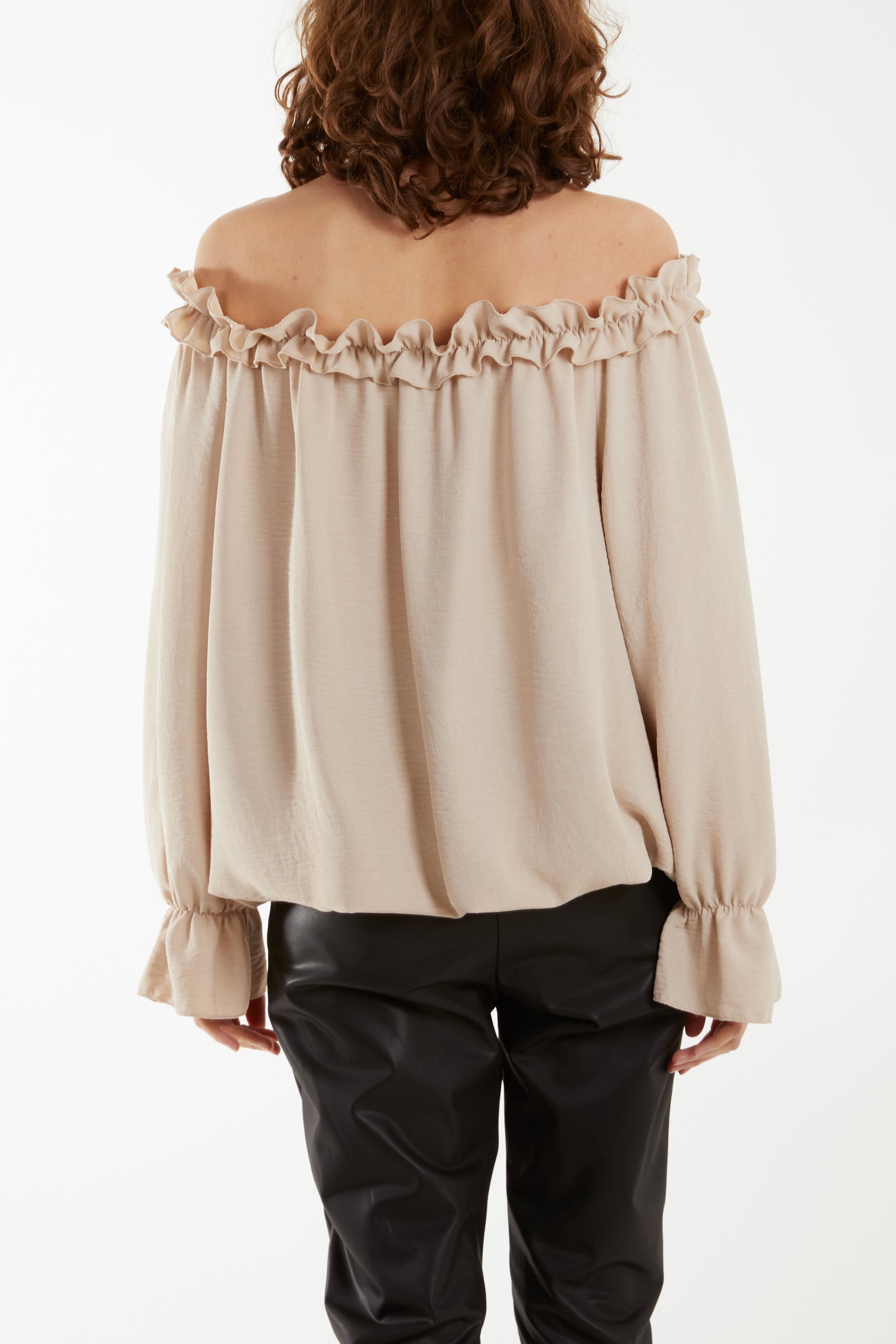Khaki Bardot Ruffle Bubble Hem Blouse For Women ONE SIZE - Dropwear