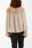 Khaki Bardot Ruffle Bubble Hem Blouse For Women ONE SIZE - Dropwear