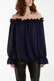 Royal Blue Bardot Ruffle Bubble Hem Blouse For Women ONE SIZE - Dropwear
