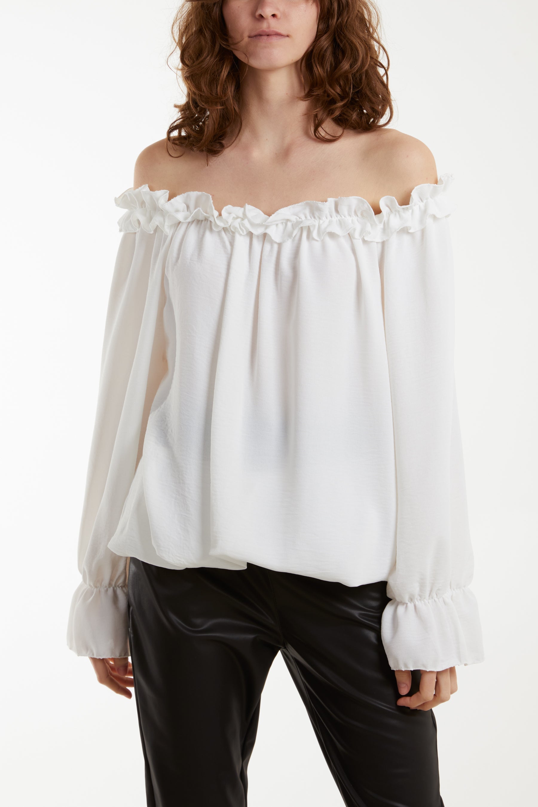 Light Blue Bardot Ruffle Bubble Hem Blouse For Women ONE SIZE - Dropwear