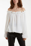 Light Blue Bardot Ruffle Bubble Hem Blouse For Women ONE SIZE - Dropwear
