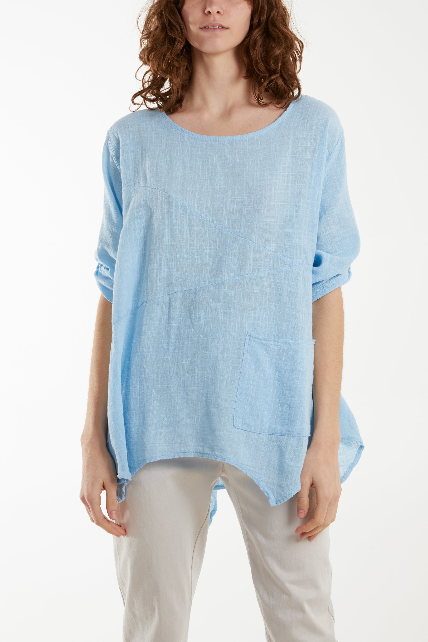 Blush Pure Cotton Asymmetric Hem Pocket Top For Women ONE SIZE - Dropwear