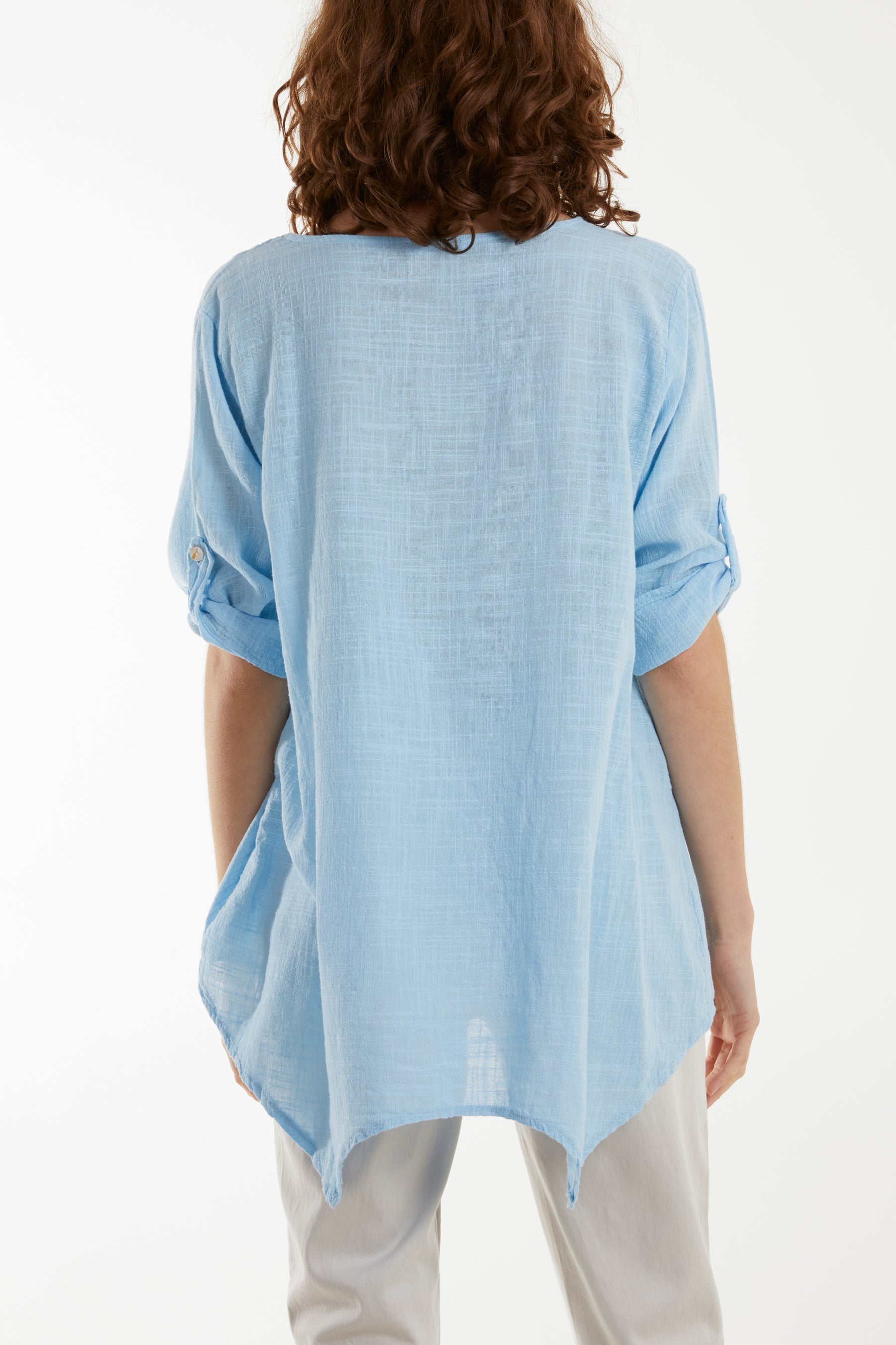 Light Blue Pure Cotton Asymmetric Hem Pocket Top For Women ONE SIZE - Dropwear