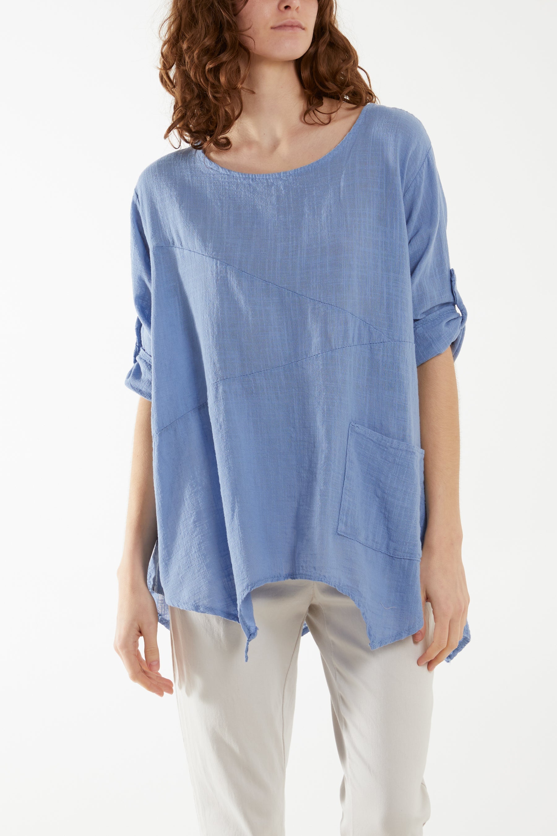 Pure Cotton Asymmetric Hem Pocket Top For Women  - Dropwear