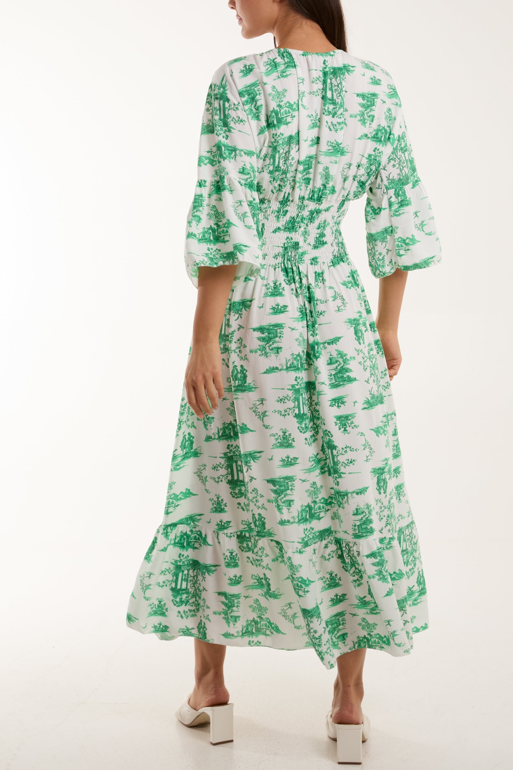 Navy Toile De Jouy Shirred Bodice Midi Dress For Women ONE SIZE - Dropwear