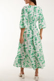 Navy Toile De Jouy Shirred Bodice Midi Dress For Women ONE SIZE - Dropwear