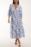 Jade Toile De Jouy Shirred Bodice Midi Dress For Women ONE SIZE - Dropwear