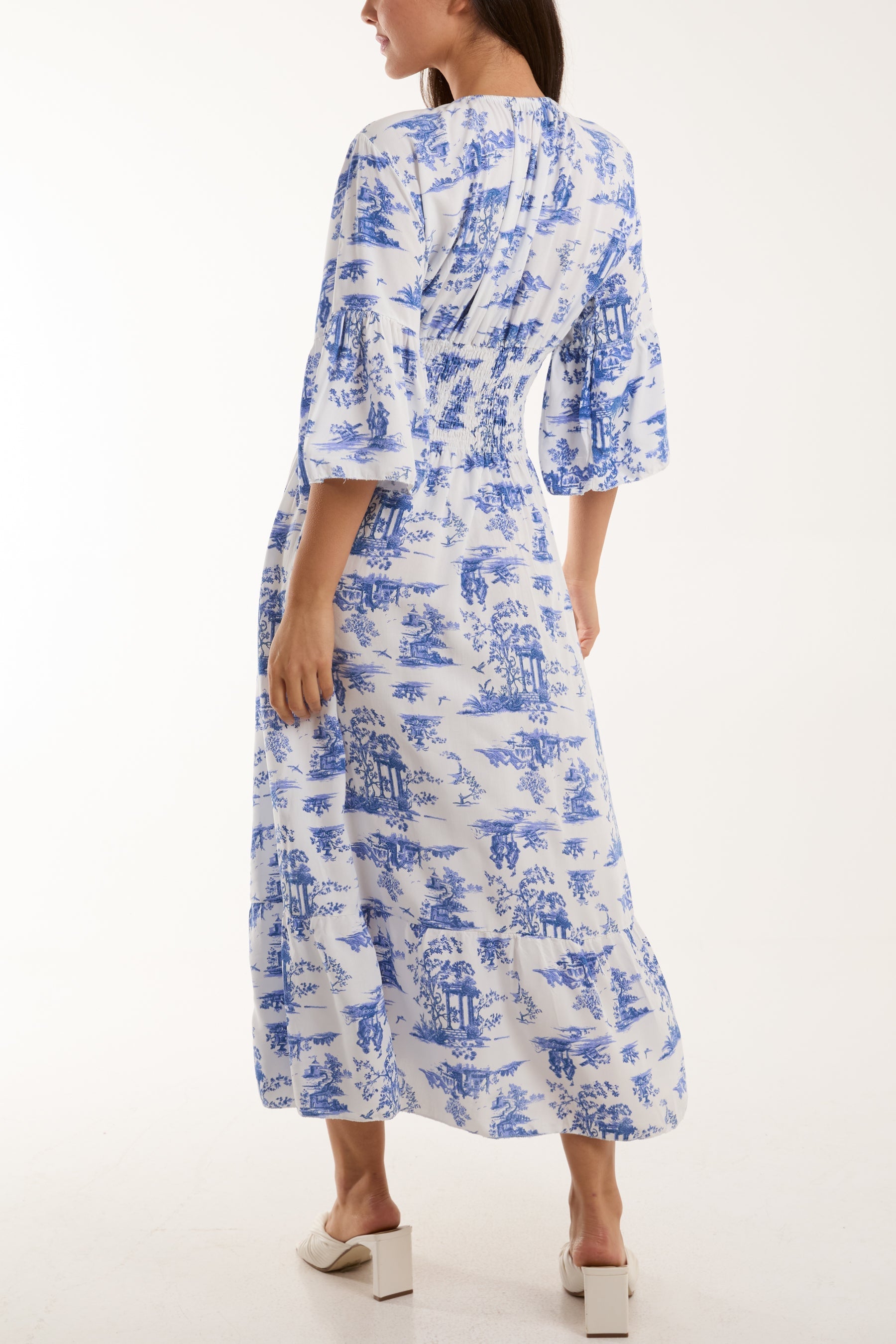 Khaki Toile De Jouy Shirred Bodice Midi Dress For Women ONE SIZE - Dropwear