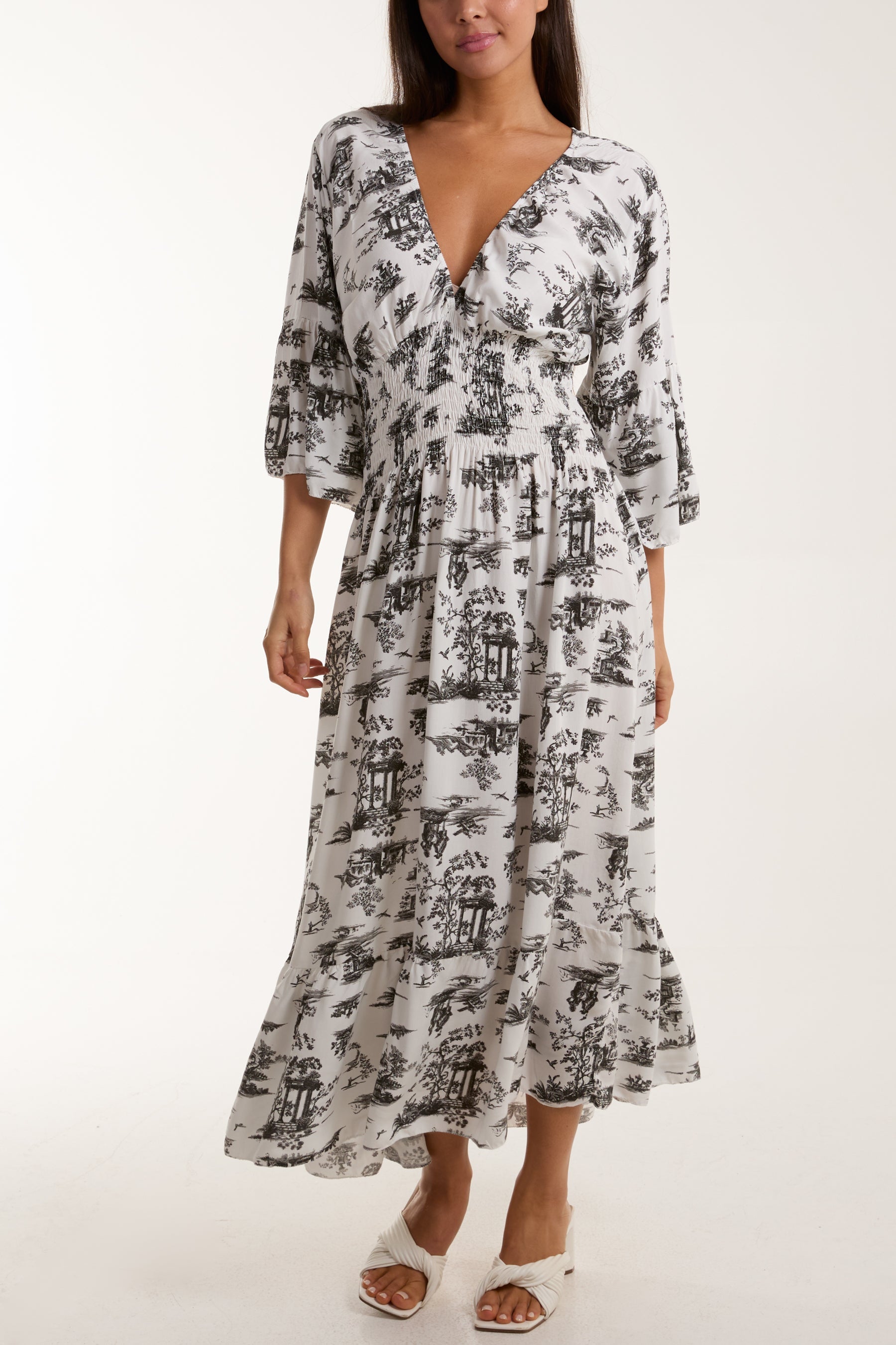 Toile De Jouy Shirred Bodice Midi Dress For Women  - Dropwear