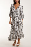 Toile De Jouy Shirred Bodice Midi Dress For Women  - Dropwear