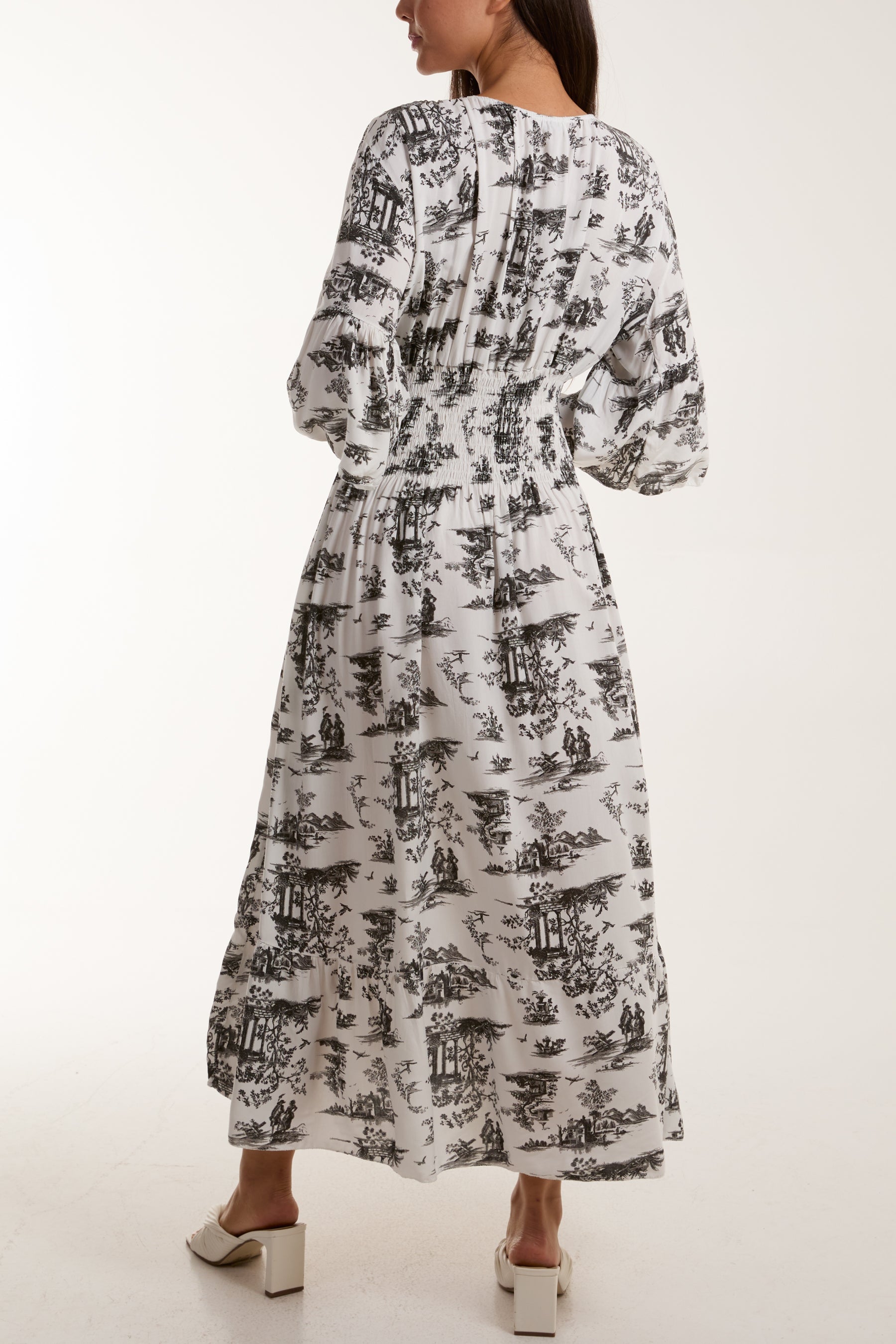 Toile De Jouy Shirred Bodice Midi Dress For Women  - Dropwear
