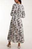 Toile De Jouy Shirred Bodice Midi Dress For Women  - Dropwear