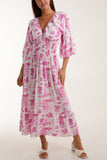 Toile De Jouy Shirred Bodice Midi Dress For Women  - Dropwear