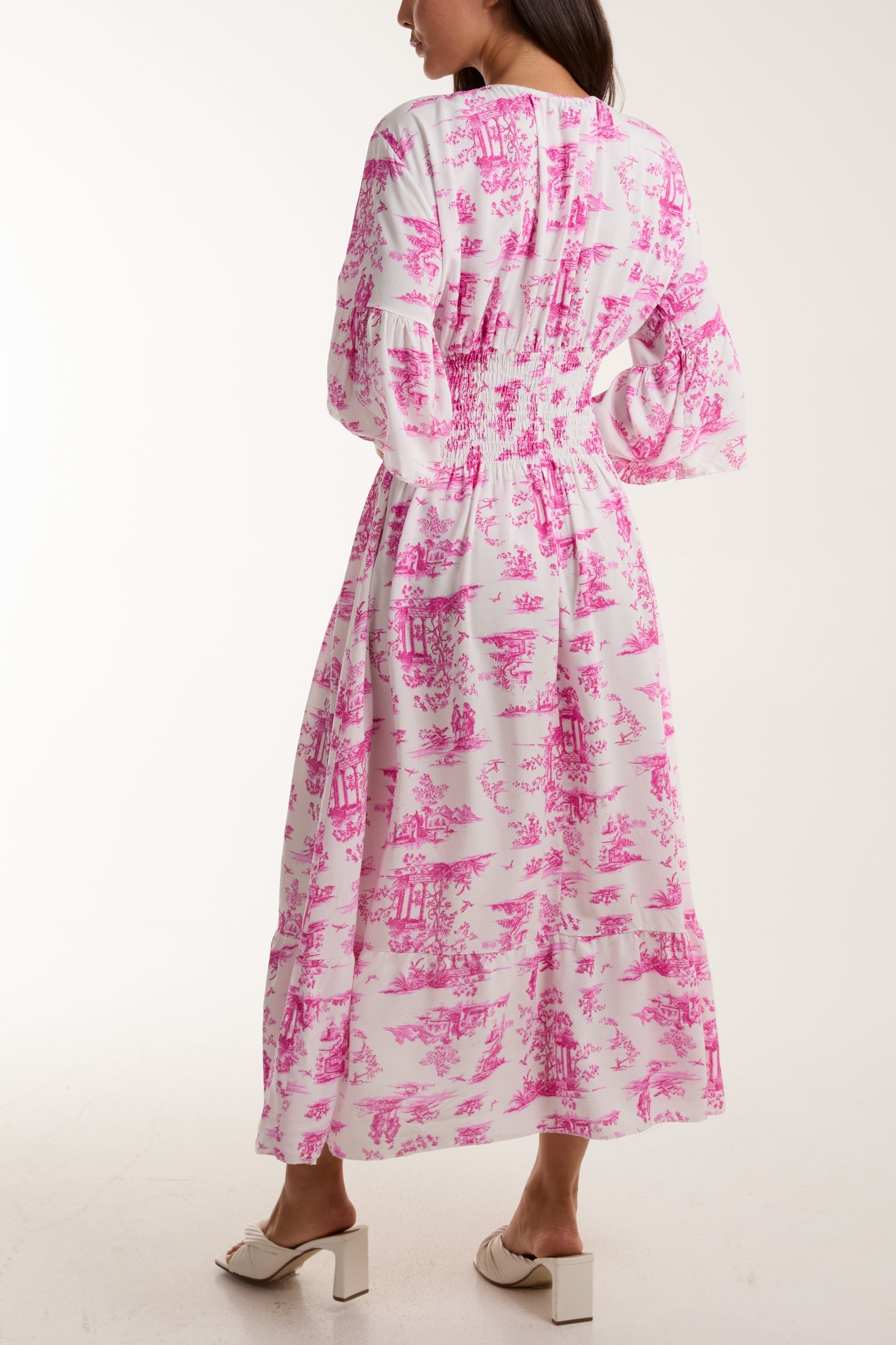 Toile De Jouy Shirred Bodice Midi Dress For Women  - Dropwear