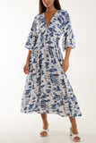 Toile De Jouy Shirred Bodice Midi Dress For Women  - Dropwear