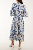 Toile De Jouy Shirred Bodice Midi Dress For Women  - Dropwear