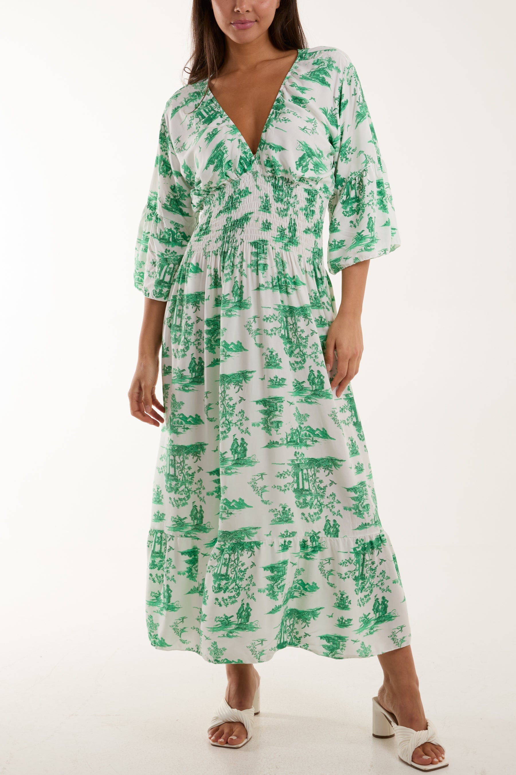 Black Toile De Jouy Shirred Bodice Midi Dress For Women ONE SIZE - Dropwear