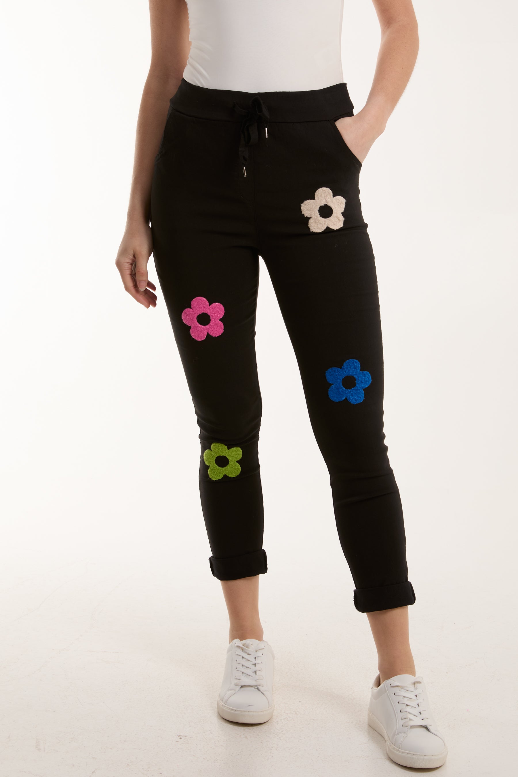Navy Floral Magic Drawstring Crushed Trousers For Women ONE SIZE - Dropwear