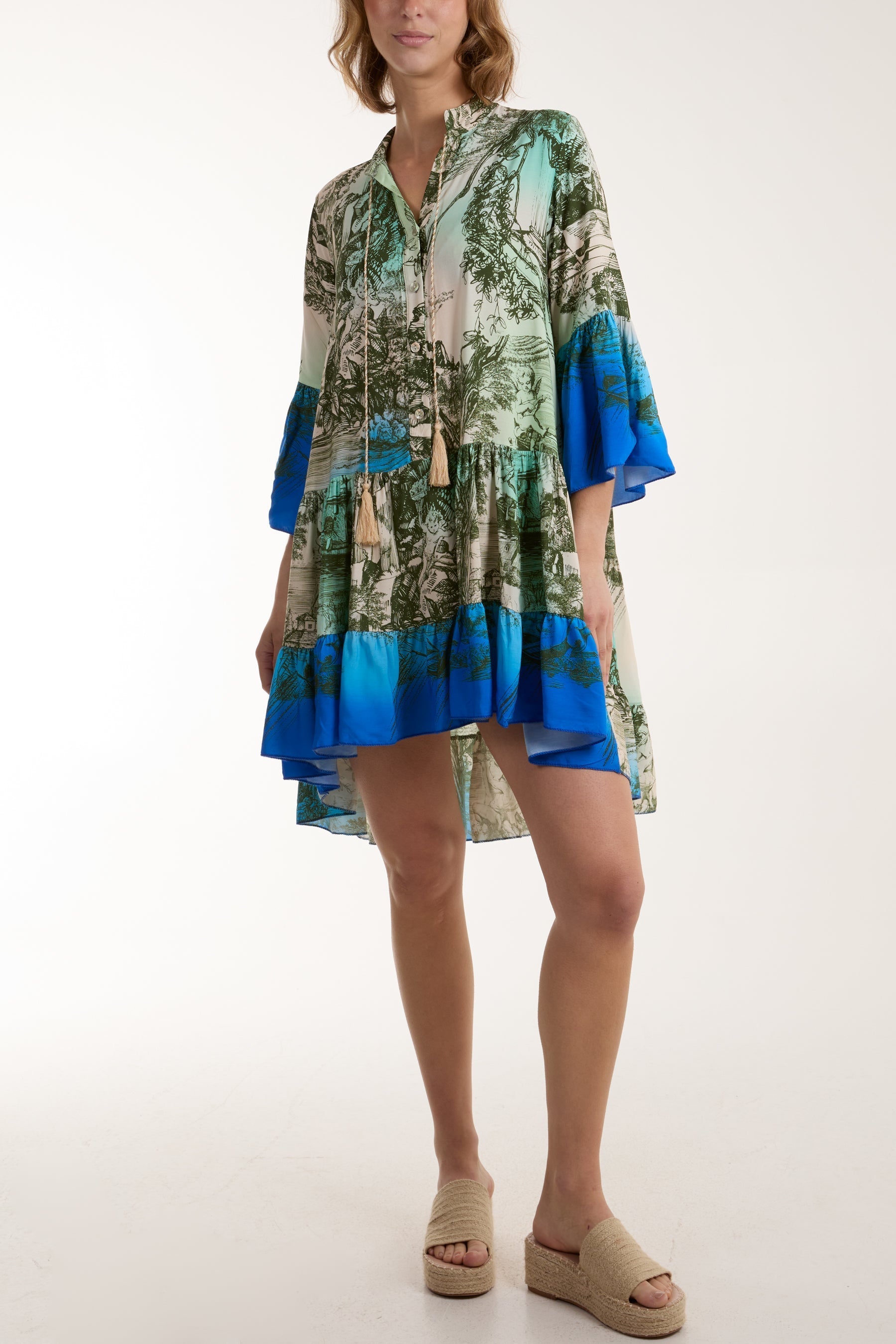 Blue Tassels Toile De Jouy Tiered Dress For Women ONE SIZE - Dropwear