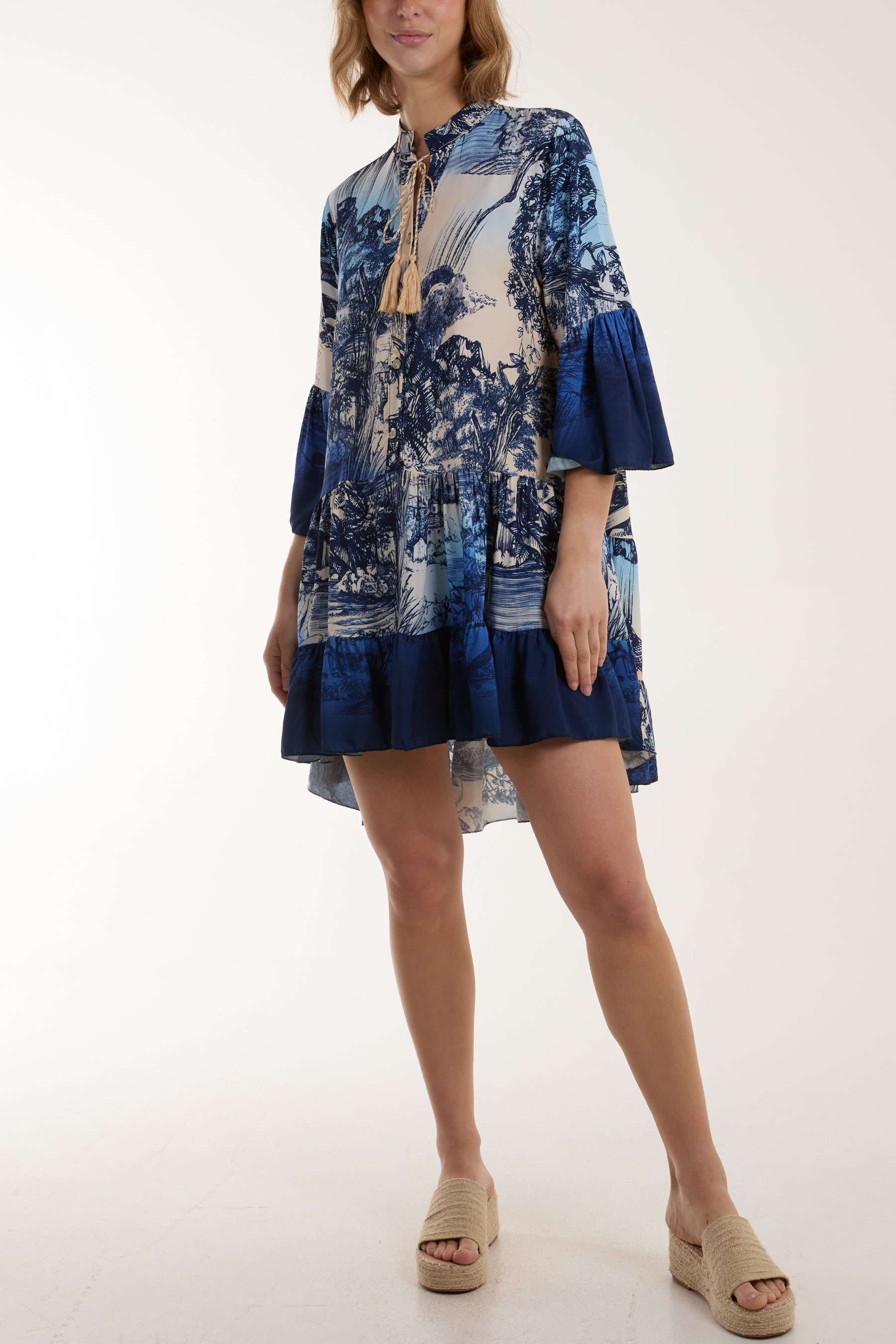 Navy Tassels Toile De Jouy Tiered Dress For Women ONE SIZE - Dropwear