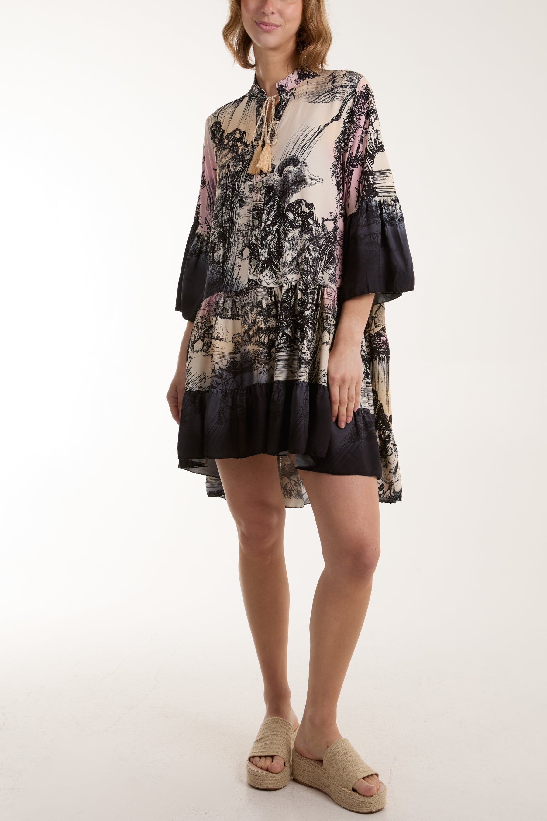 Fuchsia Tassels Toile De Jouy Tiered Dress For Women ONE SIZE - Dropwear