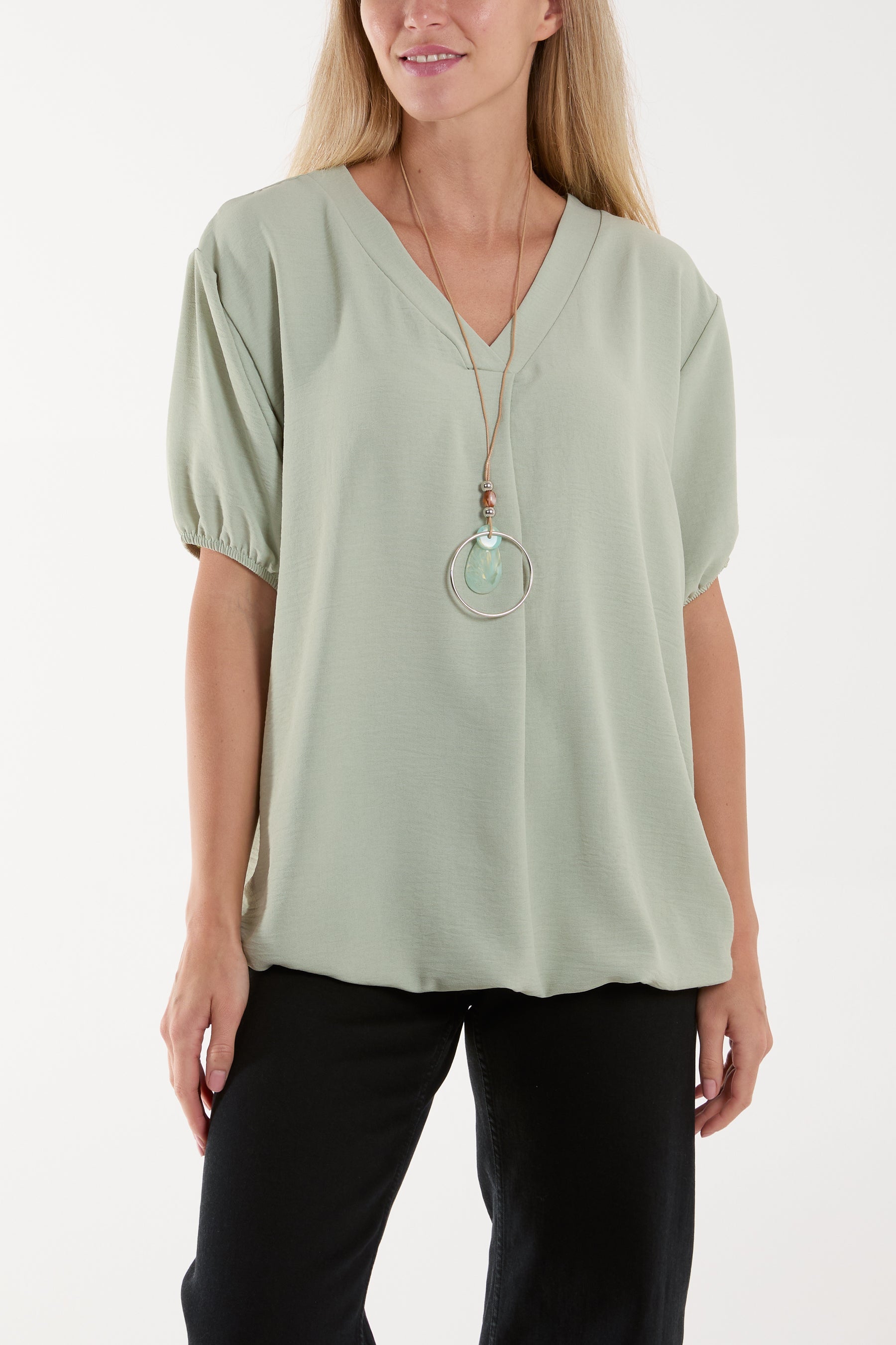 Black Necklace V-neck Bubble Hem Top For Women ONE SIZE - Dropwear
