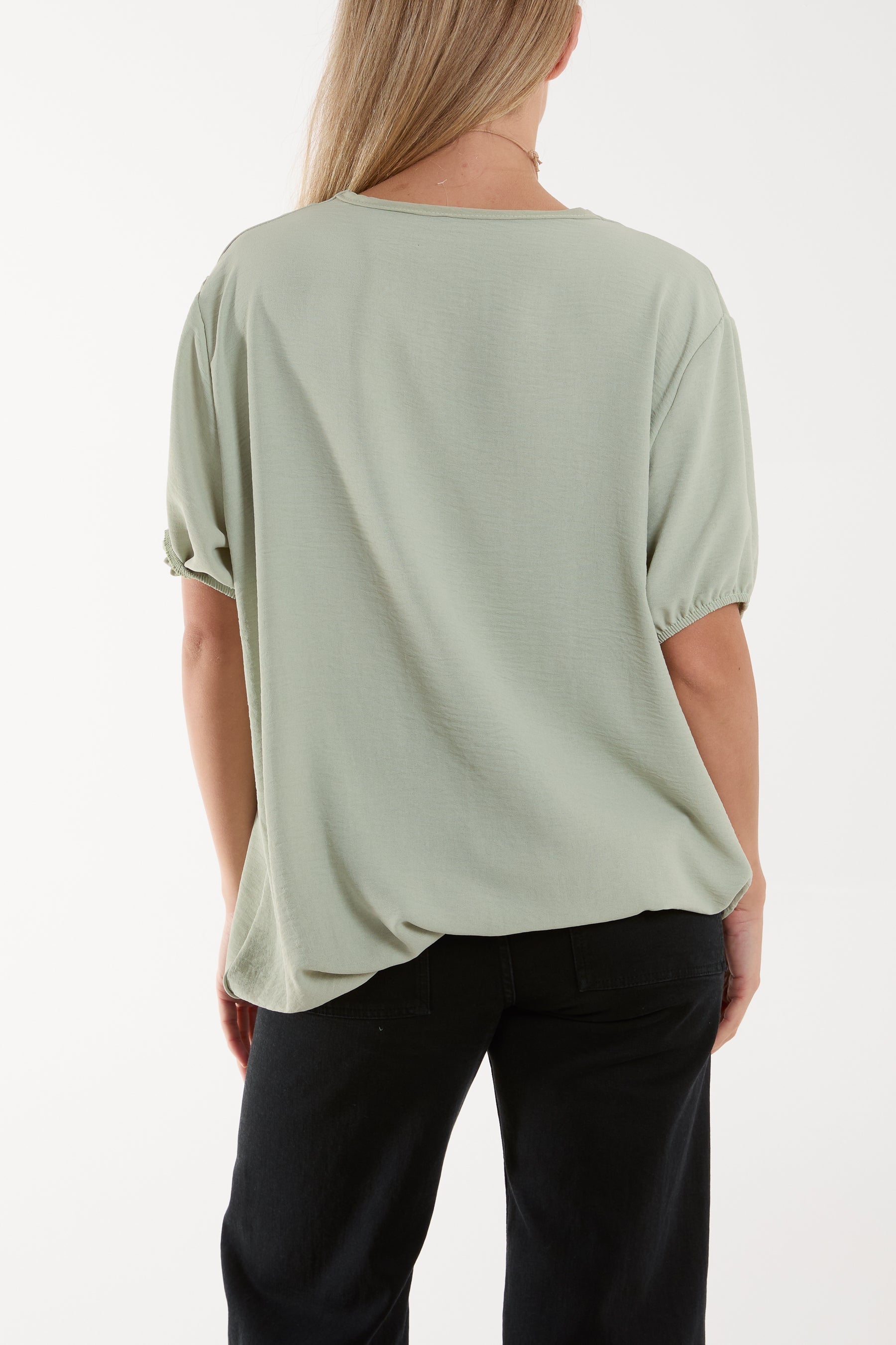 Navy Necklace V-neck Bubble Hem Top For Women ONE SIZE - Dropwear