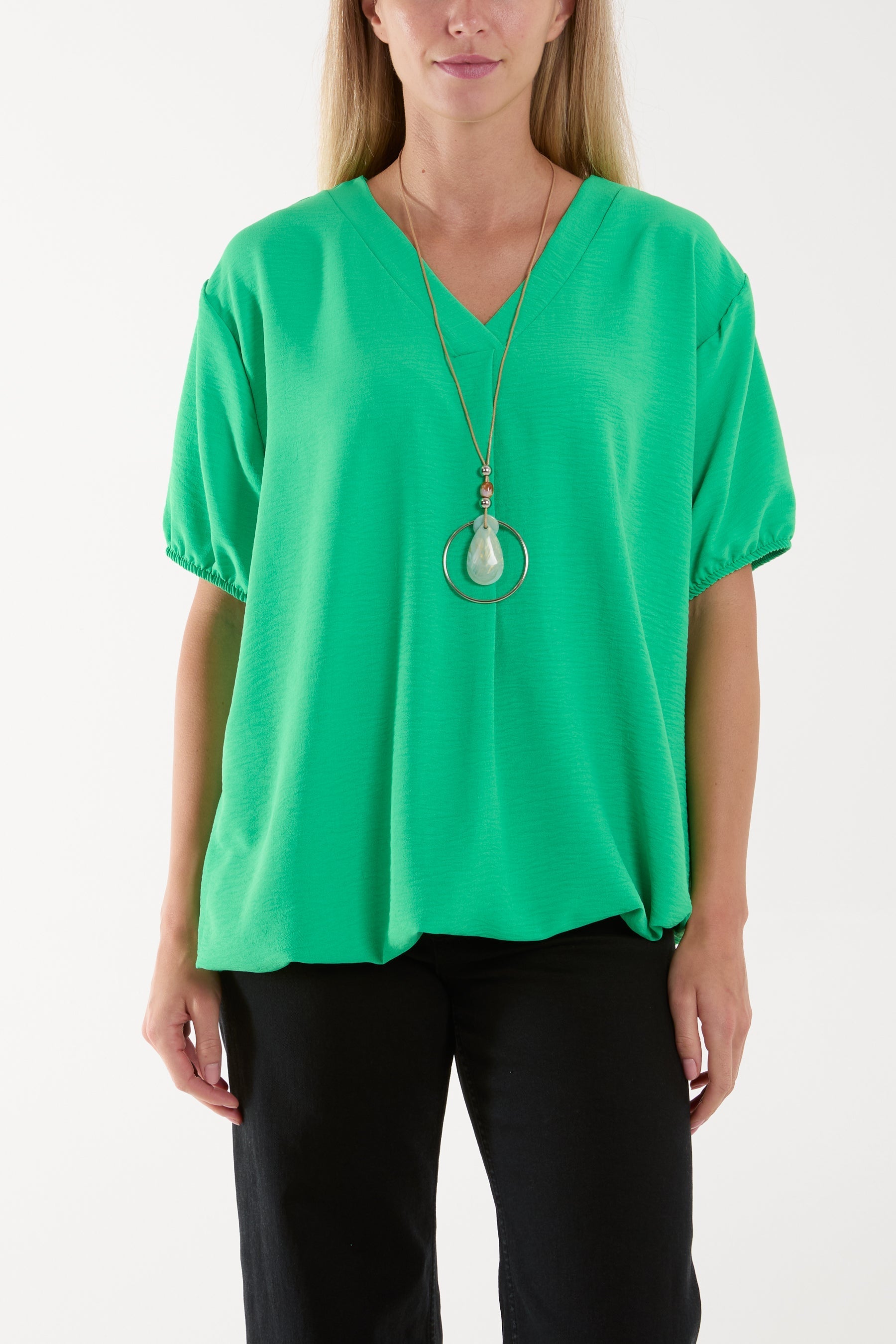 Necklace V-neck Bubble Hem Top For Women  - Dropwear