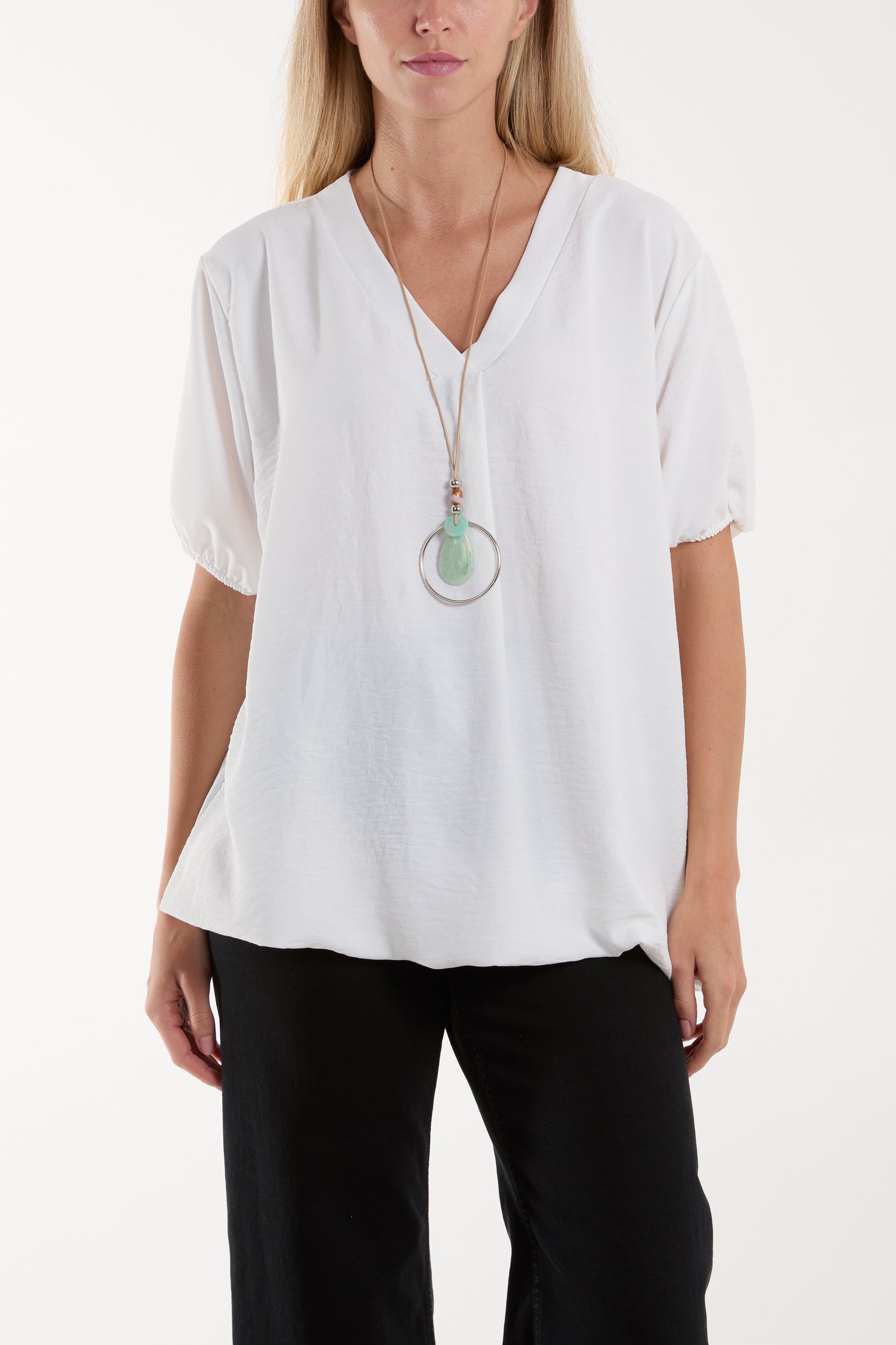 Necklace V-neck Bubble Hem Top For Women  - Dropwear