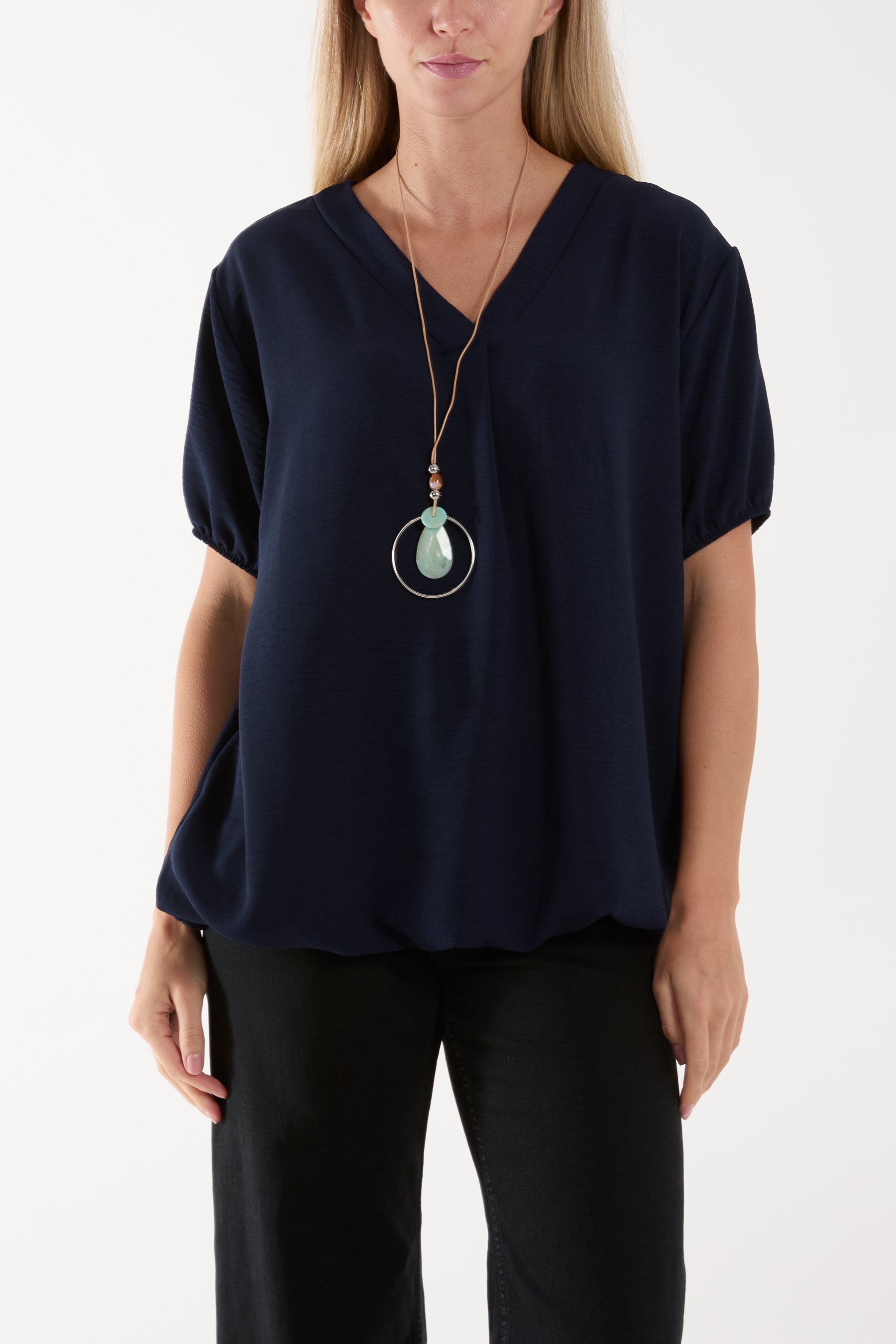 Necklace V-neck Bubble Hem Top For Women  - Dropwear
