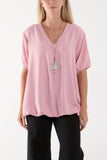 Hot Pink Necklace V-neck Bubble Hem Top For Women ONE SIZE - Dropwear