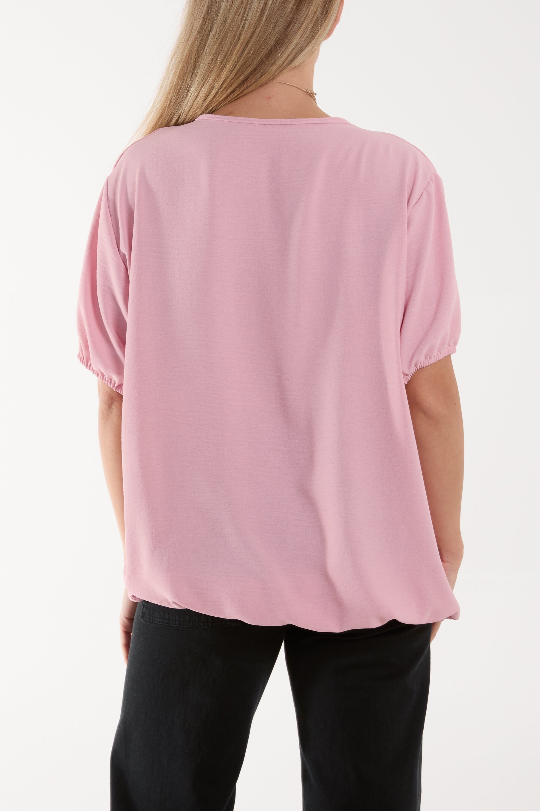 Blush Necklace V-neck Bubble Hem Top For Women ONE SIZE - Dropwear