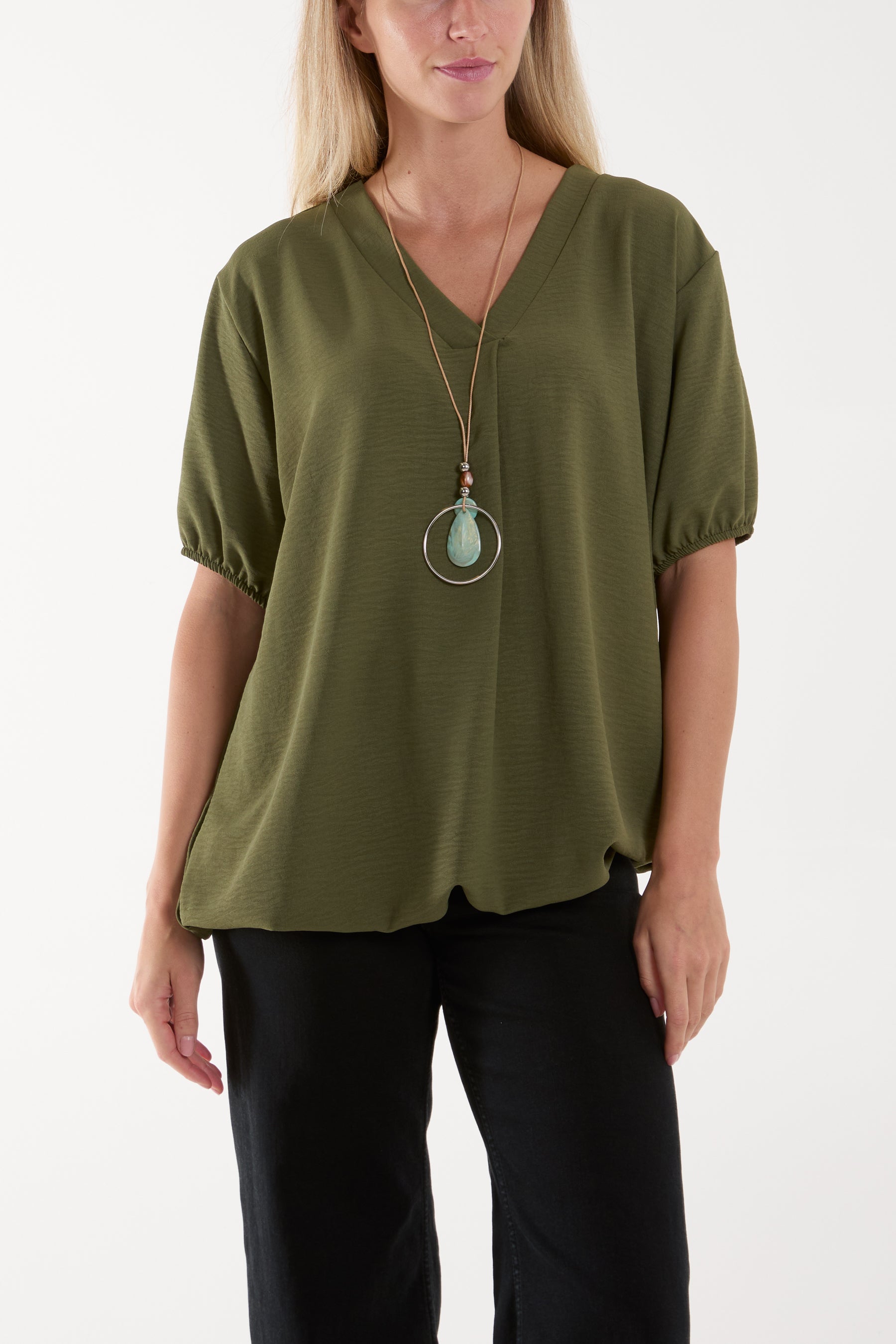 Necklace V-neck Bubble Hem Top For Women  - Dropwear