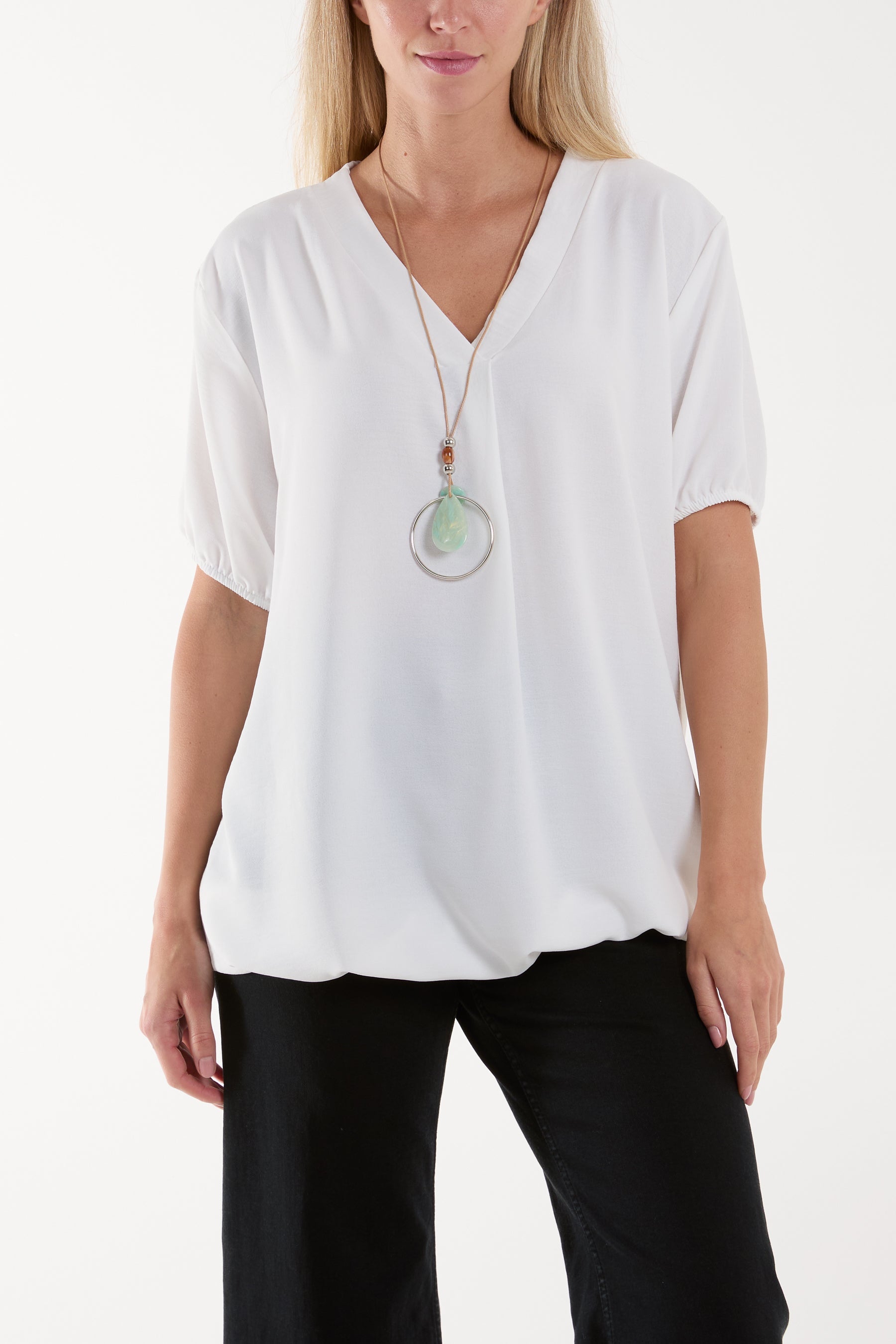 Khaki Necklace V-neck Bubble Hem Top For Women ONE SIZE - Dropwear
