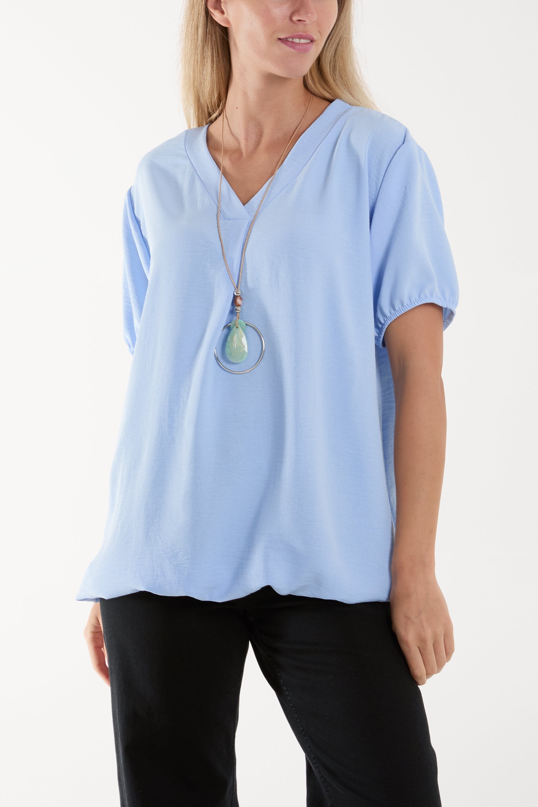 Apple Green Necklace V-neck Bubble Hem Top For Women ONE SIZE - Dropwear