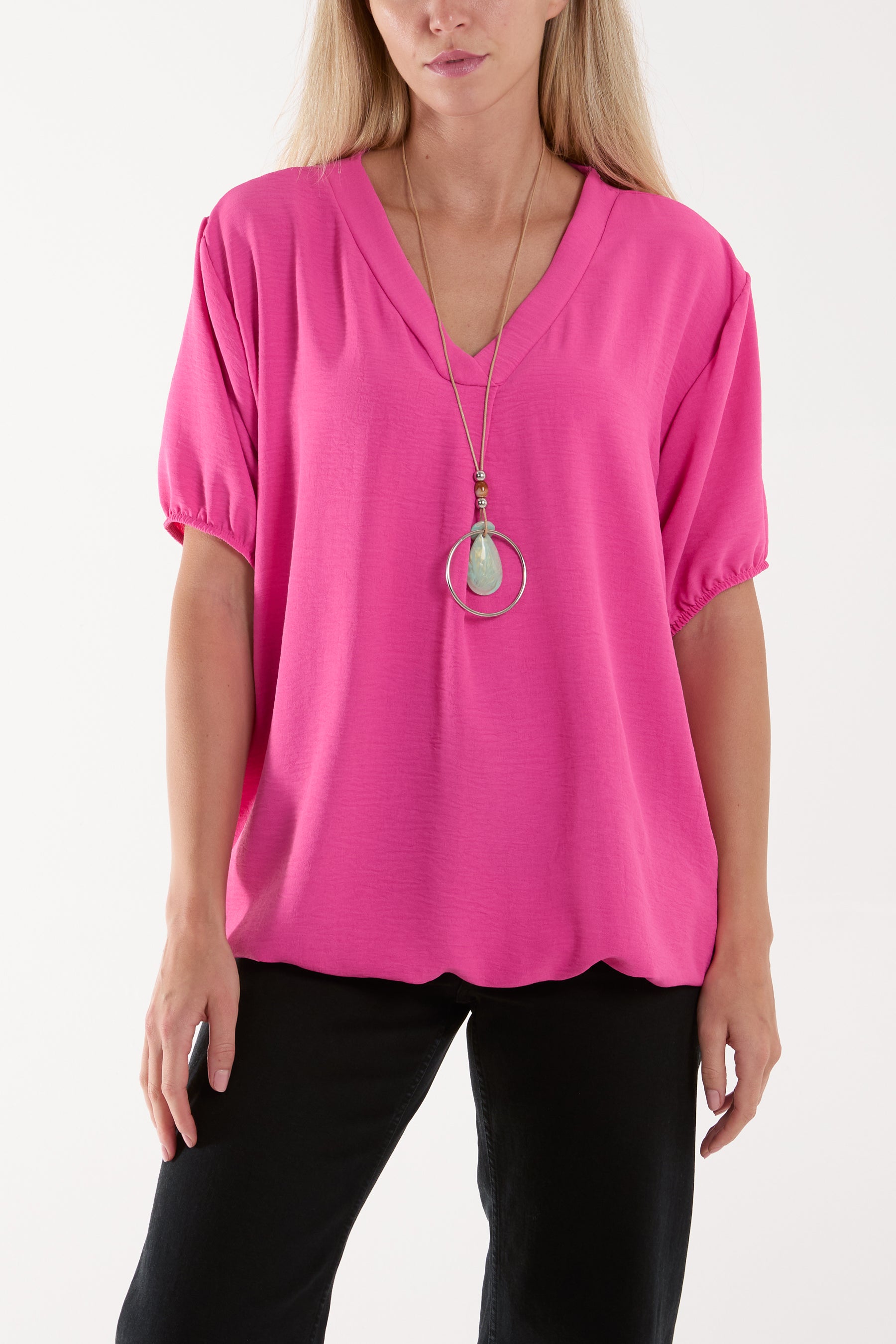 Necklace V-neck Bubble Hem Top For Women  - Dropwear