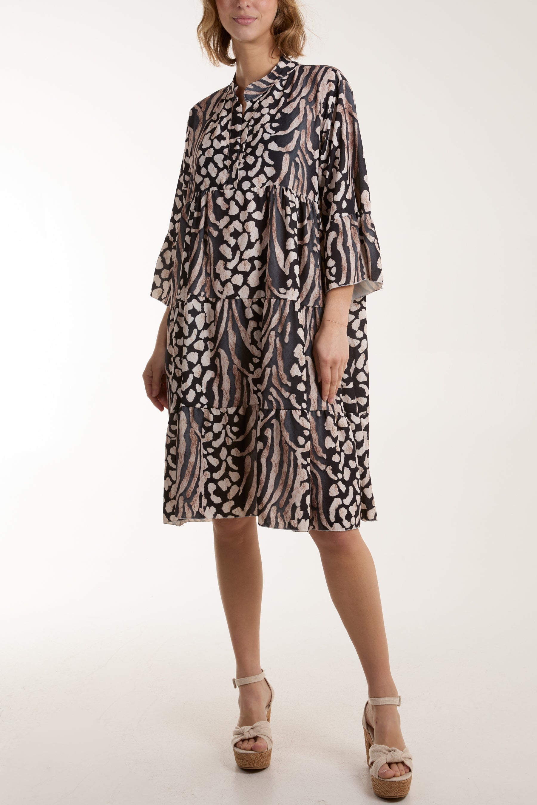 Light Blue Colorful Leopard Print Tiered Smock Dress For Women ONE SIZE - Dropwear