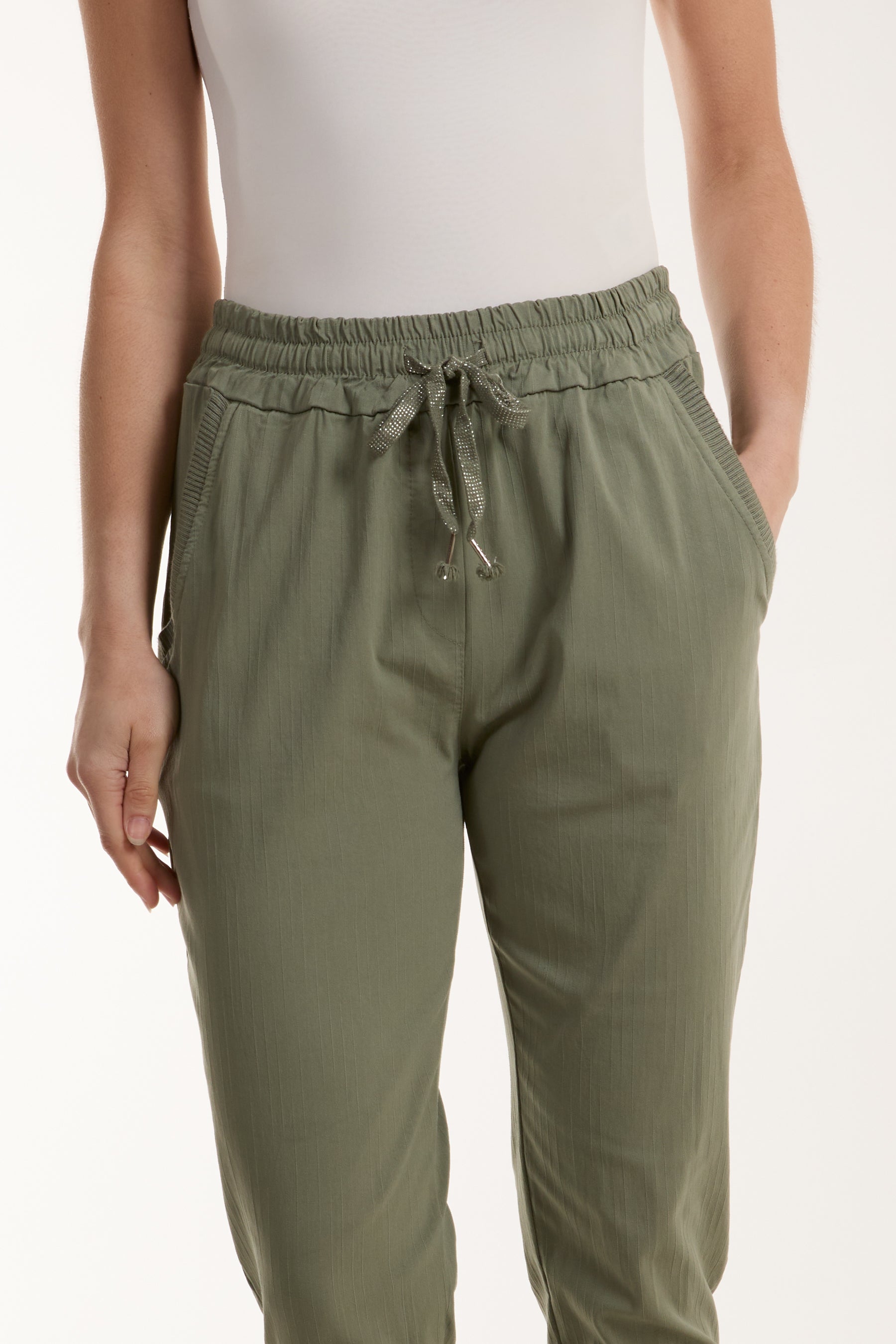 Khaki Texture Stripe Pocket Panel Trousers For Women ONE SIZE - Dropwear