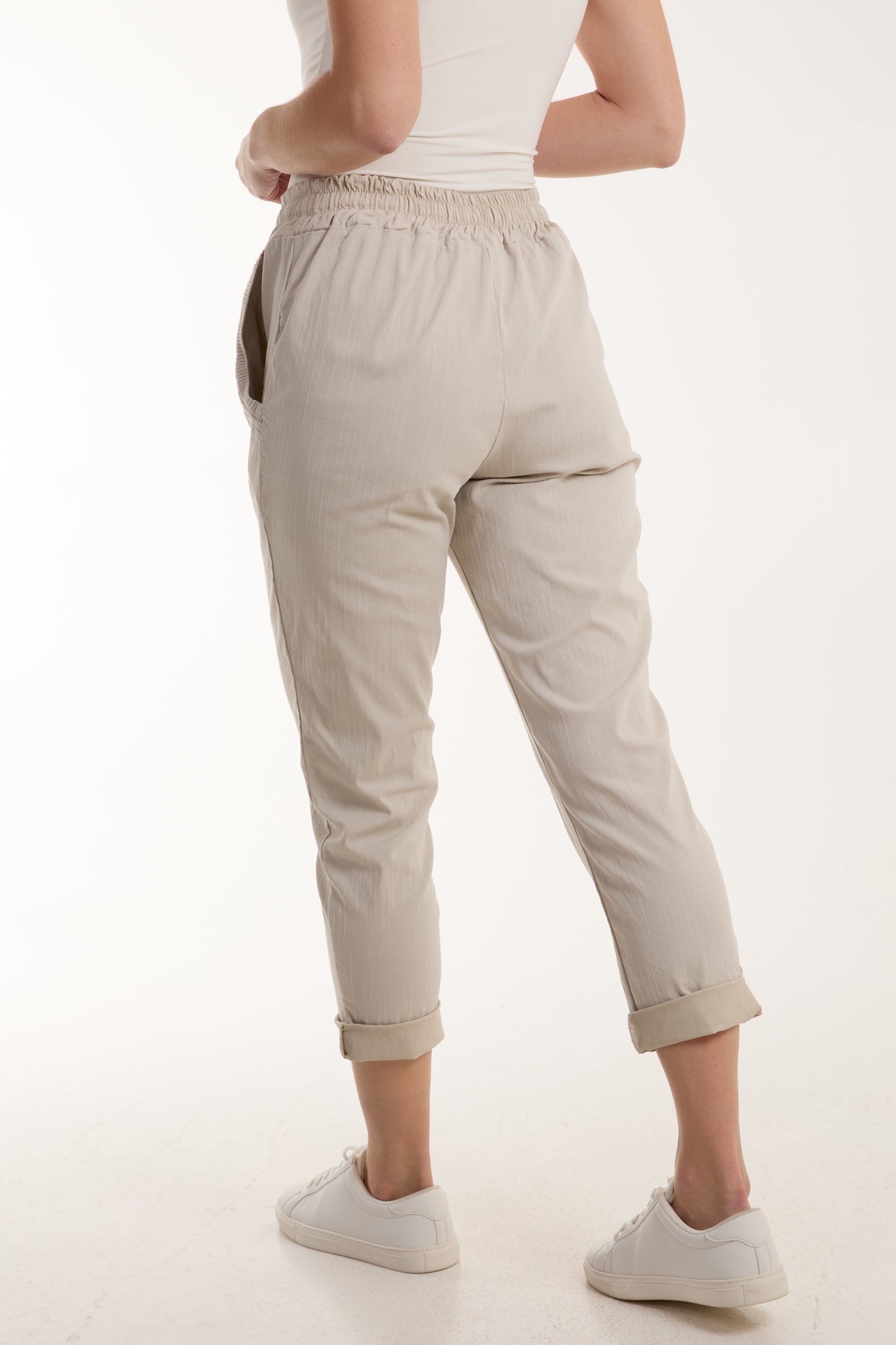 White Texture Stripe Pocket Panel Trousers For Women ONE SIZE - Dropwear
