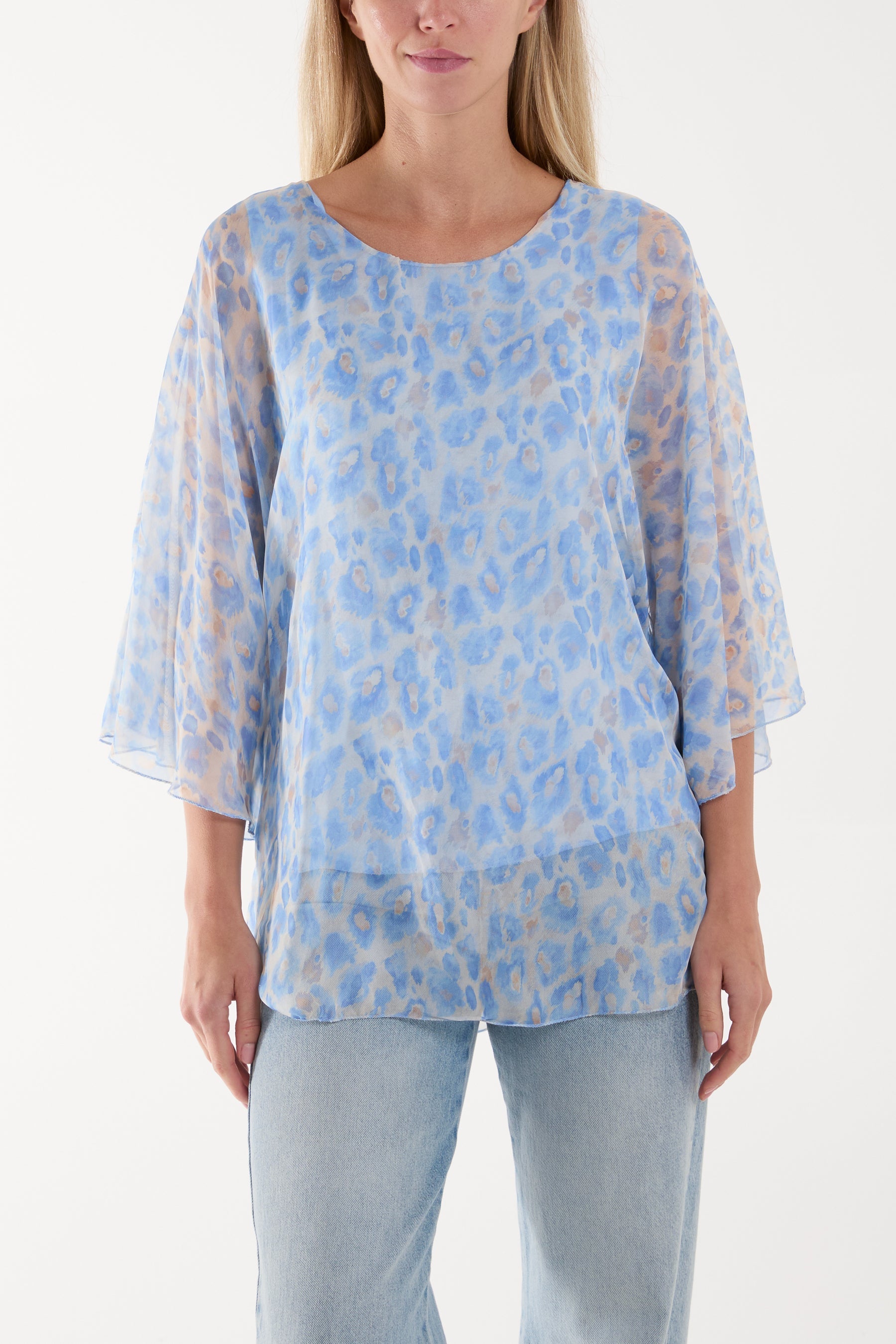 Turquoise Silk Like Leopard Print Top For Women ONE SIZE - Dropwear