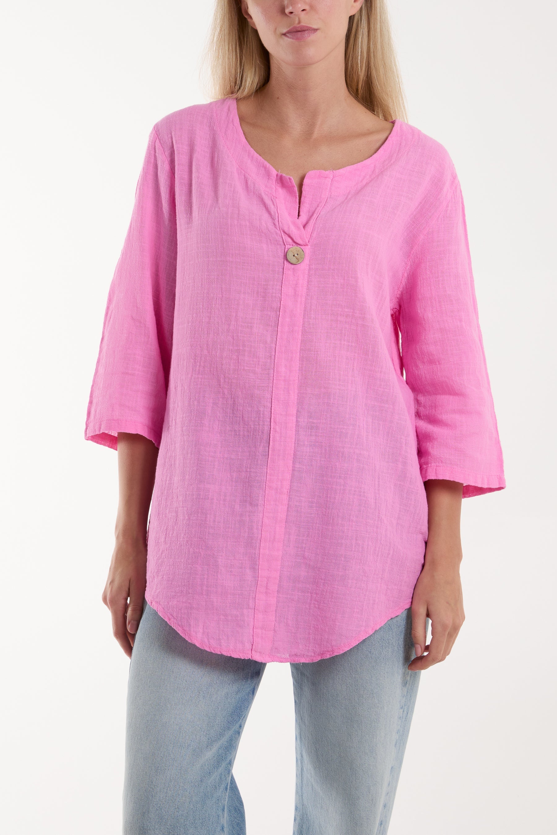 Blue Front Button Cotton Washed Top For Women ONE SIZE - Dropwear