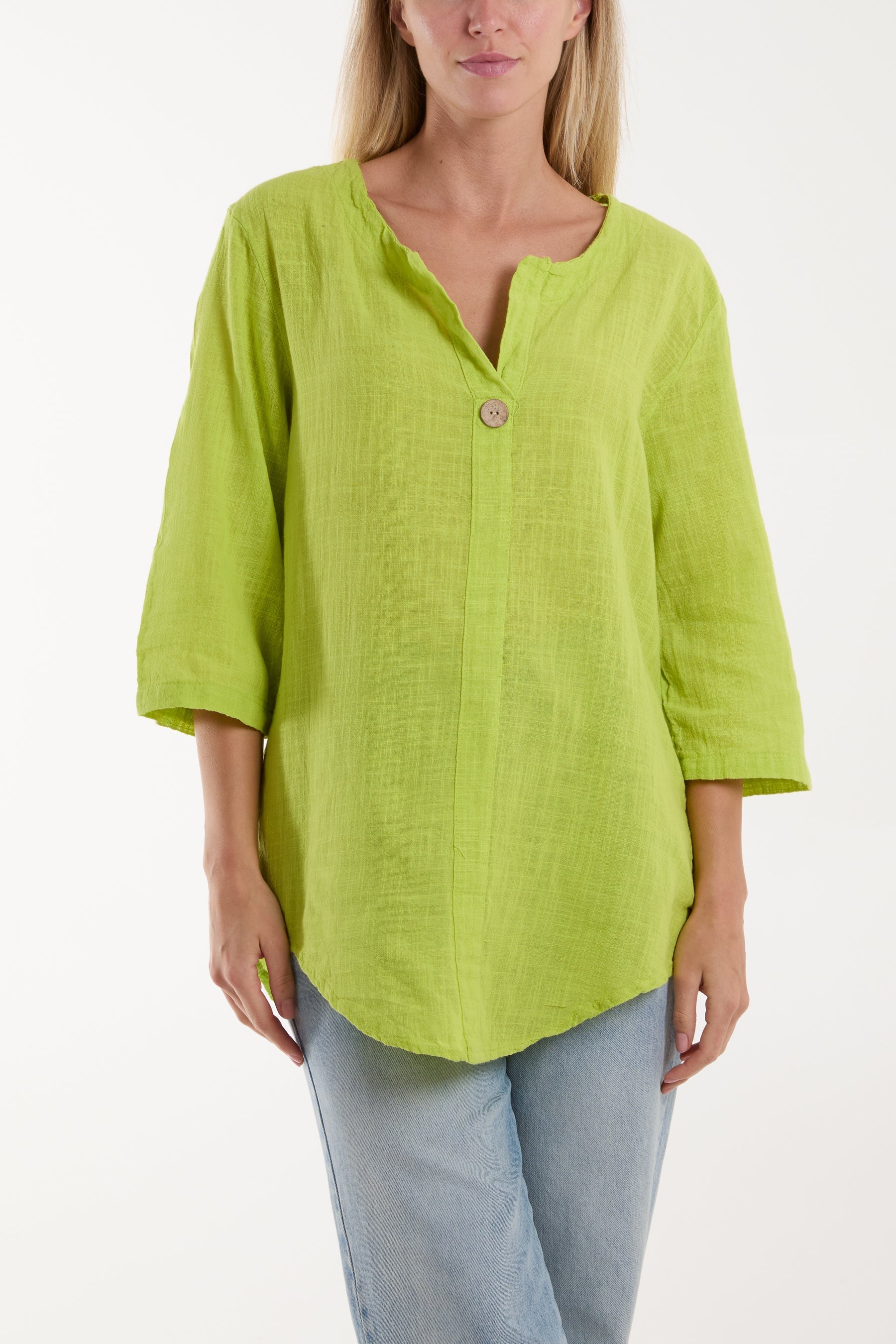 Khaki Front Button Cotton Washed Top For Women ONE SIZE - Dropwear