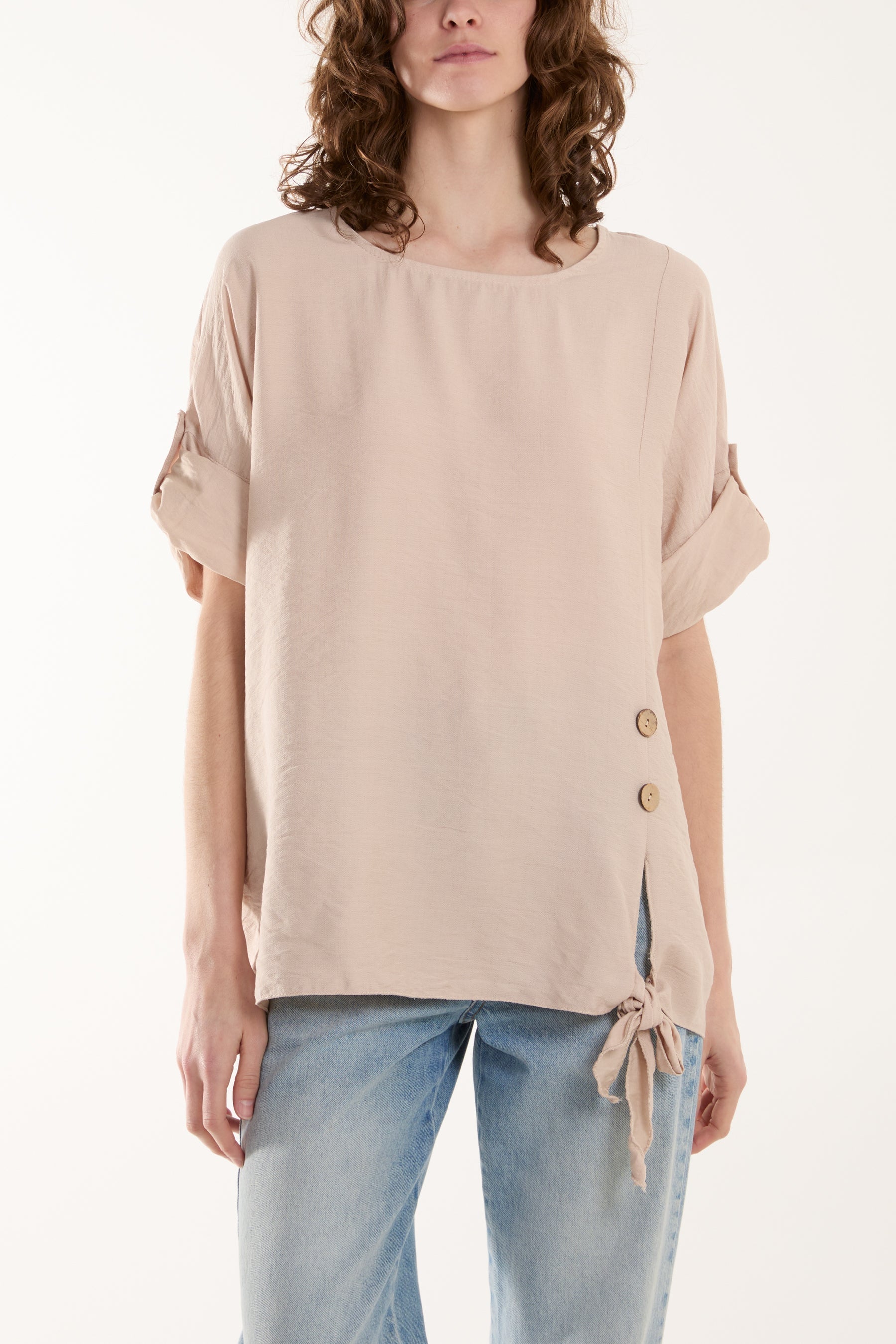 Apple Green Two Button Front Knot Short Sleeve Top For Women ONE SIZE - Dropwear
