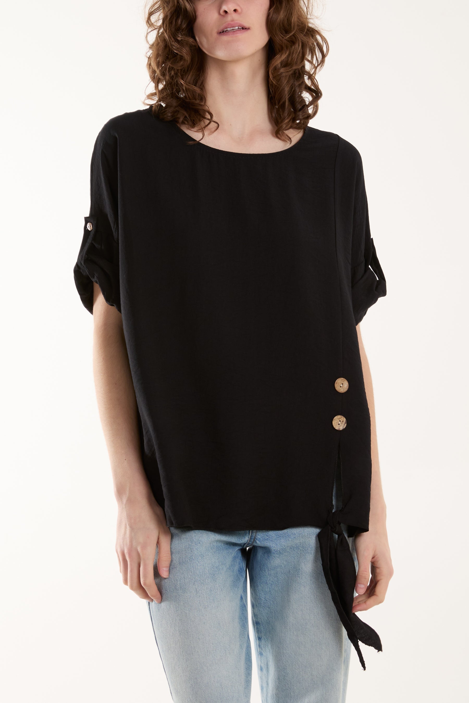 Two Button Front Knot Short Sleeve Top For Women  - Dropwear
