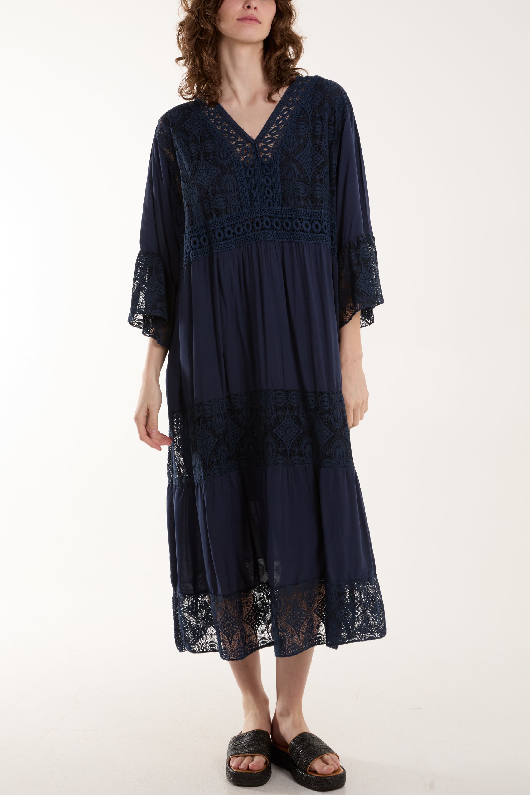 Light Blue Lace Smock Tiered Midi Dress For Women ONE SIZE - Dropwear