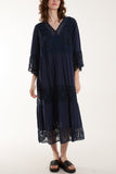 Light Blue Lace Smock Tiered Midi Dress For Women ONE SIZE - Dropwear