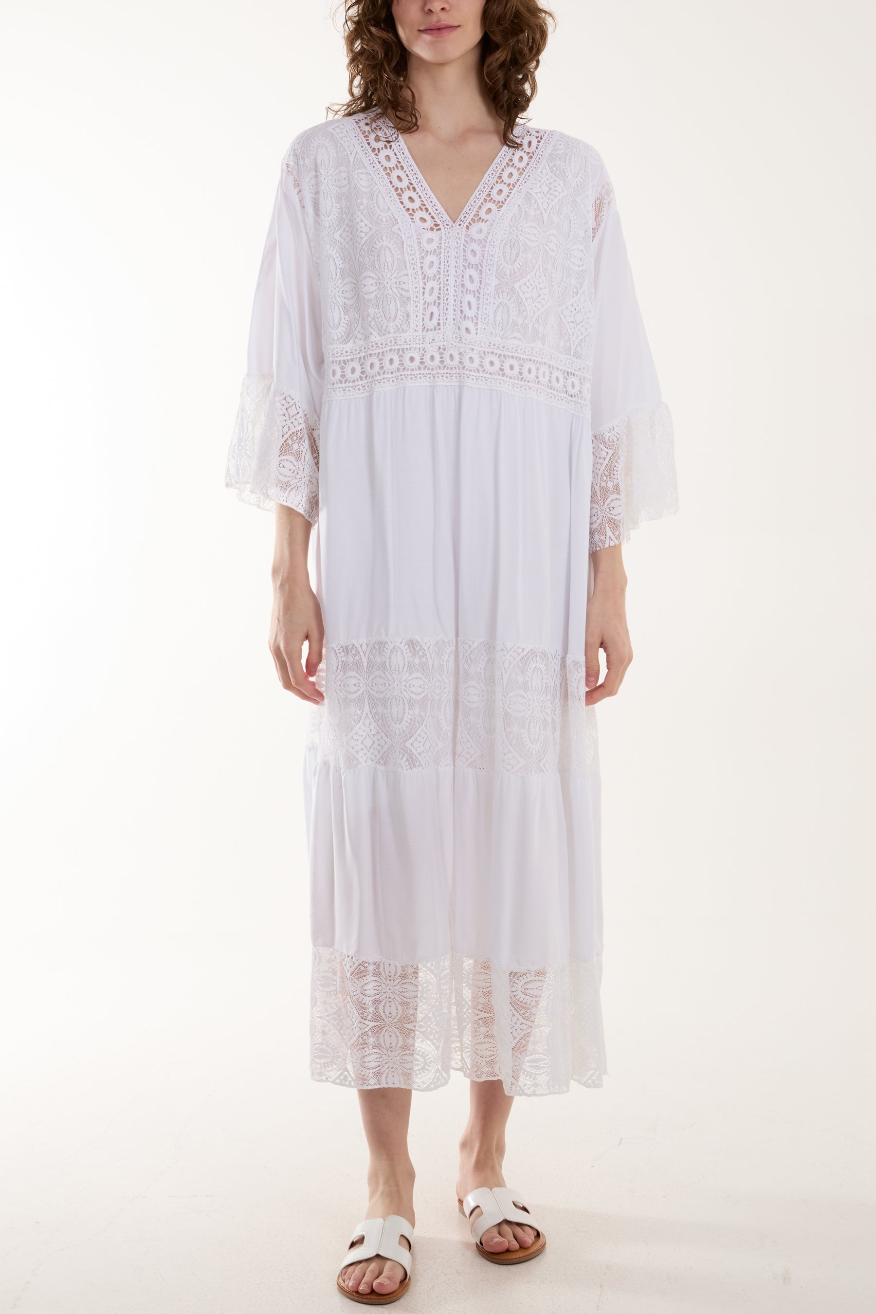 Black Lace Smock Tiered Midi Dress For Women ONE SIZE - Dropwear