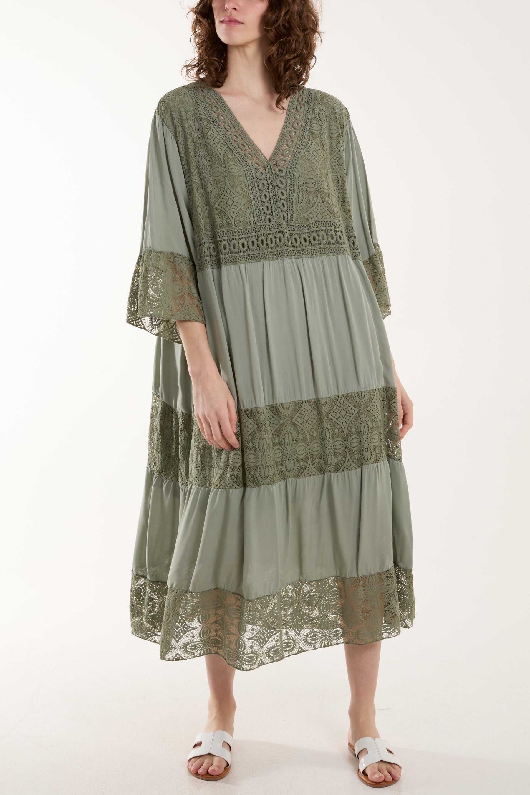 White Lace Smock Tiered Midi Dress For Women ONE SIZE - Dropwear