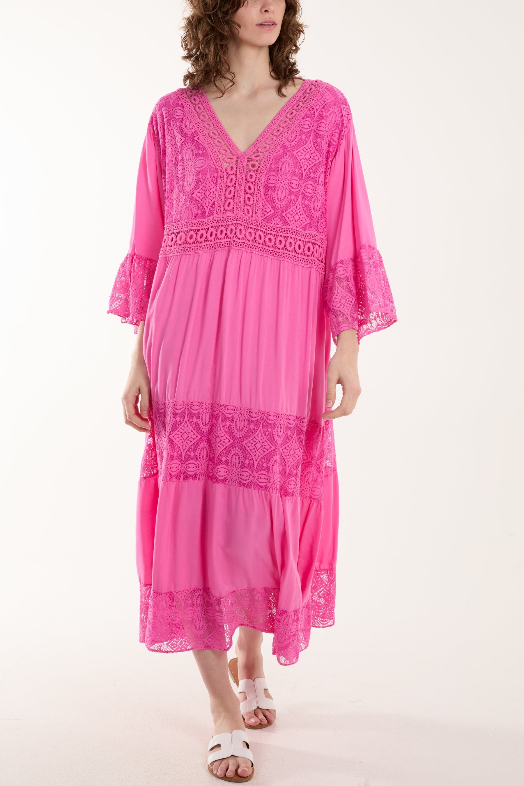 Lace Smock Tiered Midi Dress For Women  - Dropwear