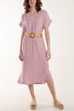 Light Blue Belted V-Neck Short Sleeve Midi Dress For Women ONE SIZE - Dropwear